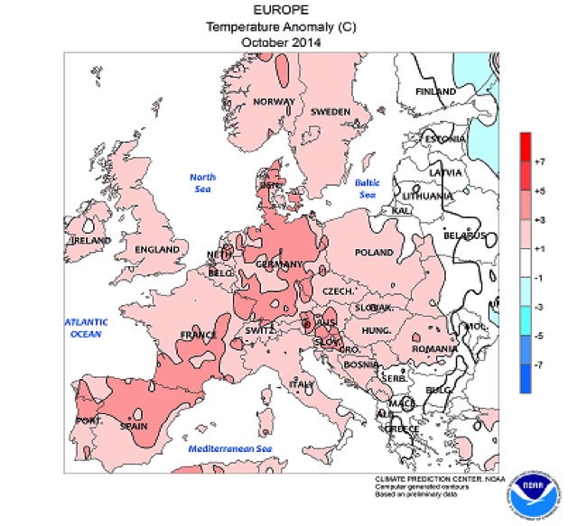 Anomalías de las temperaturas de Octubre en Europa. Fuente NOAA Climate Prediction Center
