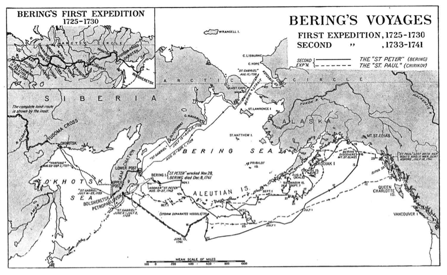 Recorridos de las expediciones de Bering, incluyendo los distintos trayectos realizados por el San Pablo y el San Pedro Fuente: elladooscurodelahistoria.blogspot.com