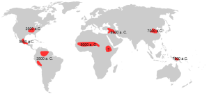 En rojo, los lugares y las fechas aproximadas donde surgió independientemente algún tipo de agricultura. Fuente: J. Diamond, Guns, Germs, and Steel, Ch. 5, 1997