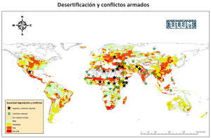 Severidad de la degradación de las tierras fértiles y principales conflictos armados. Bases de datos obtenidas del proyecto GLASOD (FAO) y http://www.warsintheworld.com/