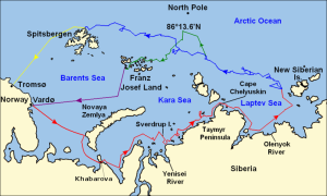 Ruta seguida por Nansen en su intento de conquistar el Polo Norte. Fte.Wikipedia