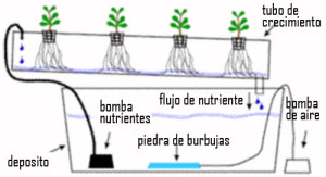 Esquema de funcionamiento del sistema NFT para cultivos hidropónicos. Fuente: http://blog.zonadecultivo.es/