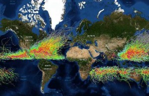 Reconstrucción de la trayectoria e intensidad de huracanes en los últimos 150 años. Fuente: NOAA