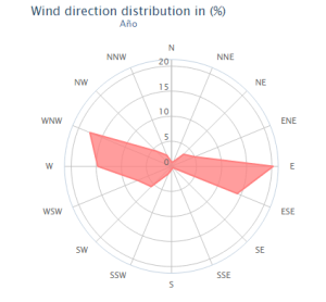 Distribución anual de los vientos en Tarifa. Se pone de manifiesto la importancia de los vientos con componente este y oeste