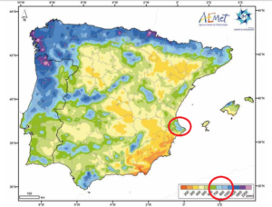 Mapa de precipitaciones anuales medias en Iberia para el periodo 1971-2000