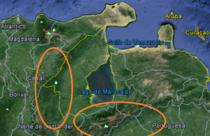 Zona del Lago Maracaibo. En naranja están marcadas las zonas montañosas que confinan los vientos del norte y favorecen la formación de tormentas
