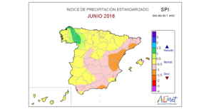 Índice SPI que muestra el grado de sequía meteorológica durante el último año en España. Vemos como la vertiente mediterránea es la más castigada por la sequía, mientras que zonas del noroeste están siendo más húmedas de lo habitual.