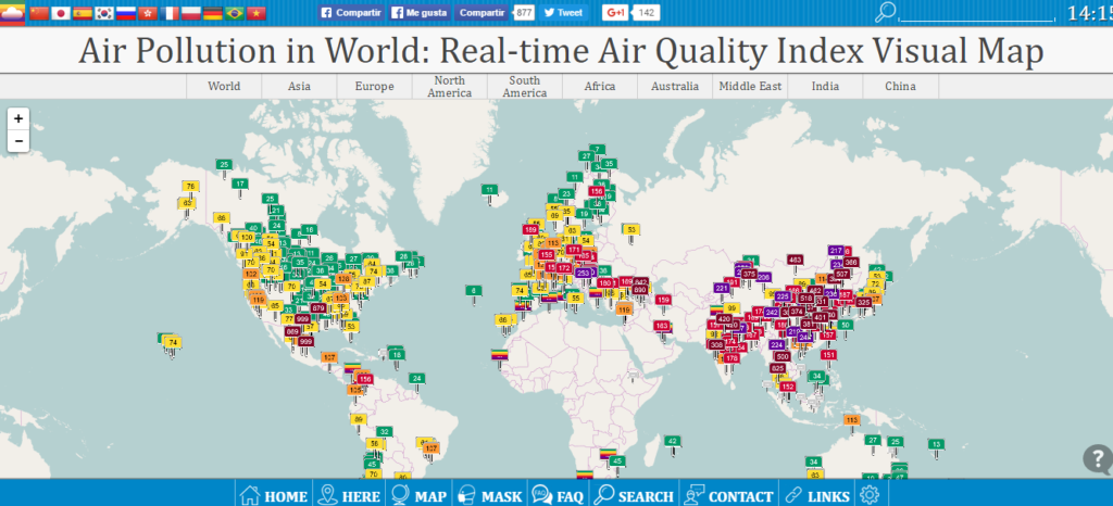 Así es la vista general de la web. Podéis ver numerosos puntos a lo largo y ancho del mundo correspondientes con estaciones de control atmosférico en ciudades y complejos industriales