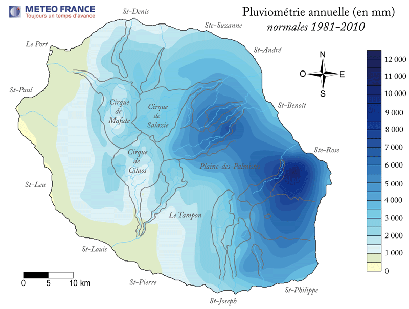 Precipitación media anual en el periodo 1981-2010 en La Reunión. fte: http://www.meteofrance.re/