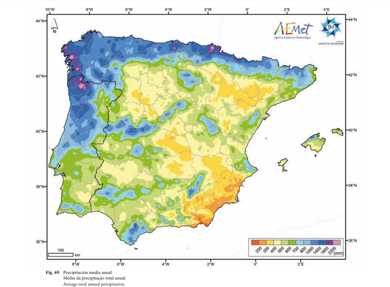 Mapa donde se representa la precipitación media anual de la Península Ibérica