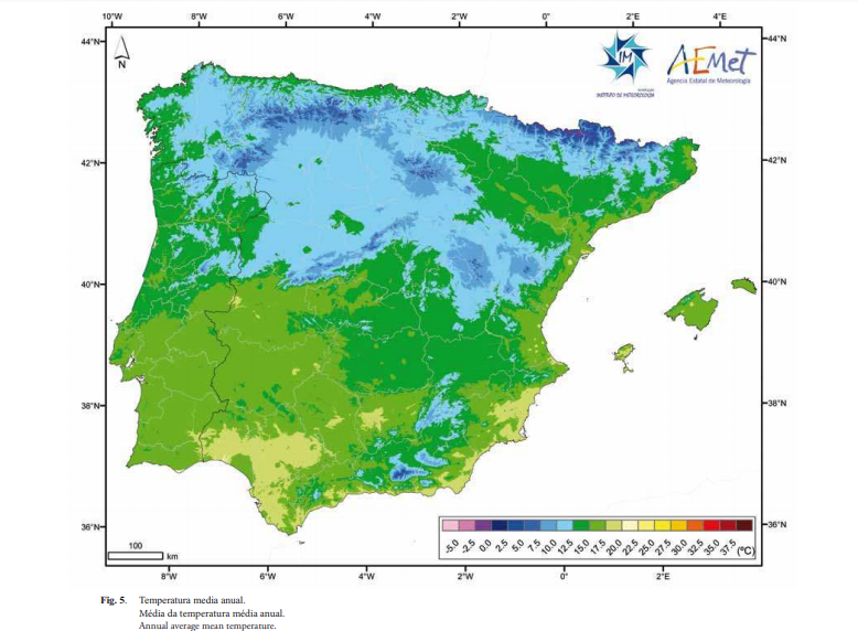 Mapa donde se representa la temperatura media anual de la Península Ibérica