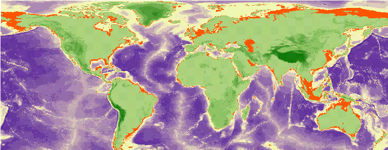 Mapamundi donde se muestra, en verde, las tierras emergidas en la actualidad, y en rojo, las tierras emergidas durante el último máximo glacial