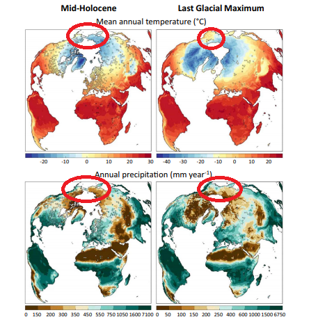Mapas donde se muestran la precipitación y las temperaturas durante el UGM y unos cuantos miles de años después en pleno Holoceno