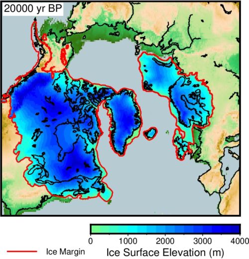 Mapa donde se muestra la elevación de los hielos durante el último máximo glaciar. En azul oscuro las zonas más elevadas, en claro las menos y señalado con una línea roja el límite de los hielos permanentes 